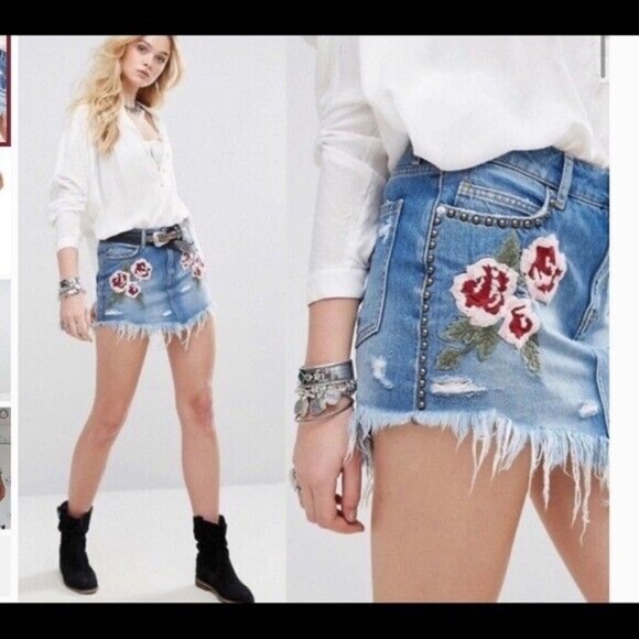 Free People Floral Embroidered Denim Skirt raw hem sz 27 - Picture 2 of 6